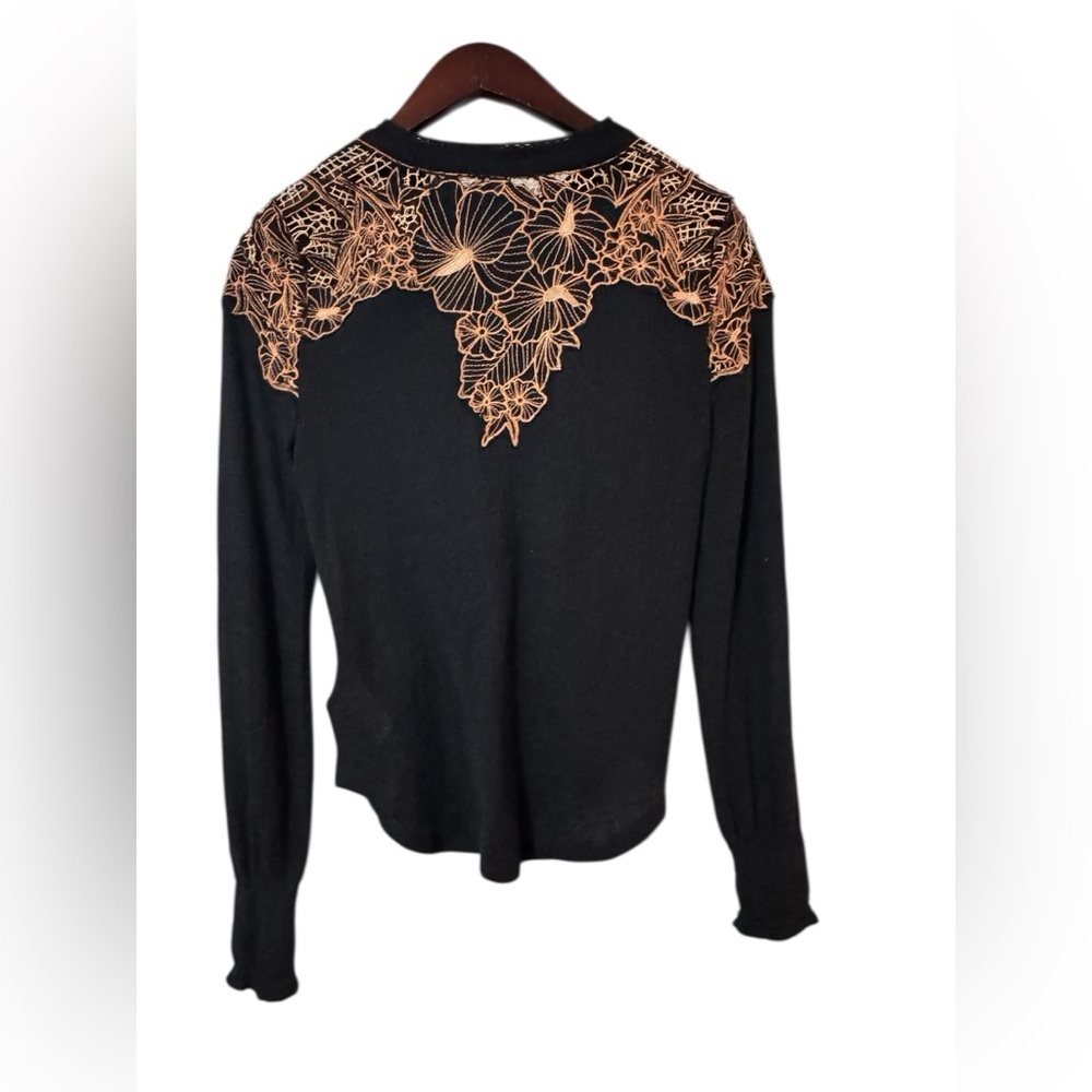 Free People Black Embroidered Lace Yoke Blouse Size M Boho Sheer Top - Picture 2 of 8